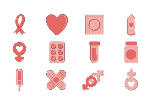 Red And Pink AIDS Health Awareness Medicine Icons Set