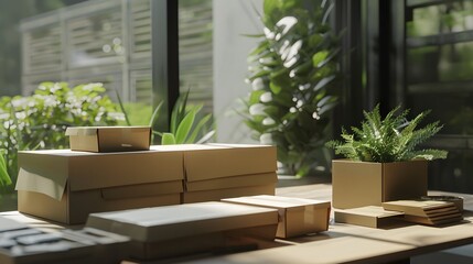 Eco-friendly sustainable packaging — cinematic natural light over biodegradable boxes and recycled paper design.