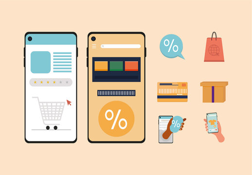 Colorful Online Shopping Mobile App Icons Set