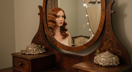 Woman looking in antique mirror