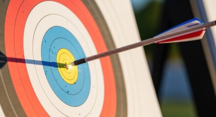 A red and blue arrow with a yellow target in the center, with a blurred background of greenery.