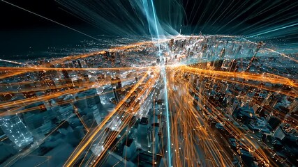 Aerial view of a vibrant city illuminated by dynamic light trails against a night sky