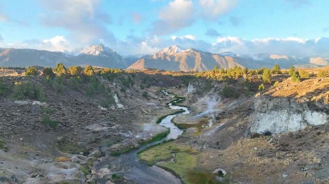Aerial Sierra Nevada River Valley California Bishop Brees Lookout Fly Through