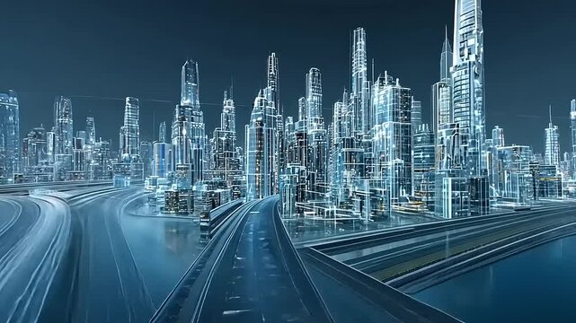 Futuristic city skyline at night with illuminated skyscrapers and dynamic highways in motion