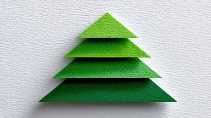 An abstract representation of a Christmas tree formed by four layered green paper triangles, set against a textured white background. The lighting is soft and e