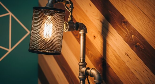 Closeup of a rustic industrial wall lamp made from metal pipes and a wire mesh shade, casting a warm glow against a wooden plank wall with diagonal grain and a teal geometric accent