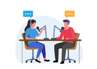 Man and woman record a podcast in the studio stock illustration.