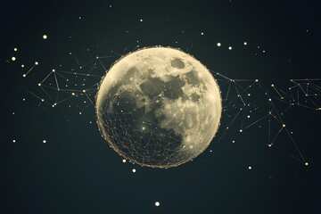 Naklejka premium Digital Moon with Network Connections and Glowing Particles in Space Scene