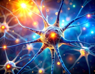 Close-up of glowing neurons and synaptic connections, colorful rendering