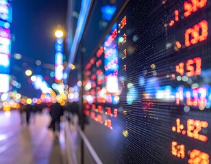 Close-up of digital stock market data board, city at night