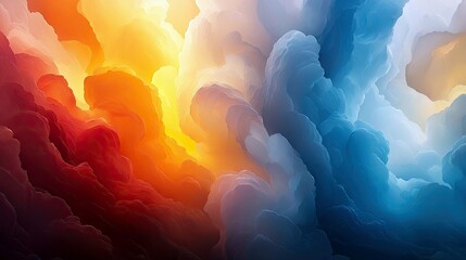 An abstract visualization of swirling clouds in contrasting warm orange and cool blue hues, illuminated by dramatic, ethereal lighting.