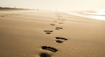 Footprints in the sand on a beach at sunset.
