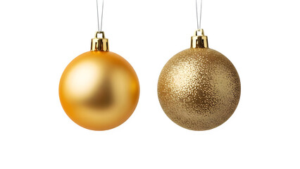 Two golden christmas ornaments hanging isolated on transparent background