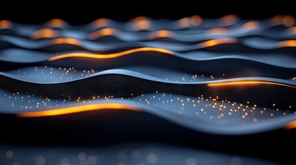An abstract digital art piece featuring undulating dark blue waves with small glowing orange particles and bright orange light trails against a deep black backg