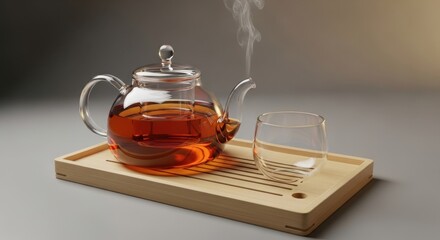 Elegant Tea Service - Glass Teapot and Cup on Wooden Tray.