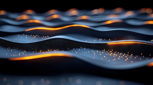 An abstract digital art piece featuring undulating dark blue waves with small glowing orange particles and bright orange light trails against a deep black backg