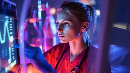 Medical professional analyzing data on a futuristic screen in a high-tech healthcare environment - Powered by Adobe