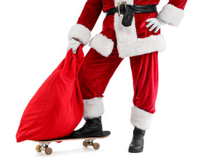 Santa Claus with bag and skateboard isolated on white background, closeup © Pixel-Shot
