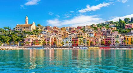Fototapeta premium Colorful historic townscape of menton, france, situated on the mediterranean coast with vibrant buildings reflecting in the clear turquoise water under a bright blue sky