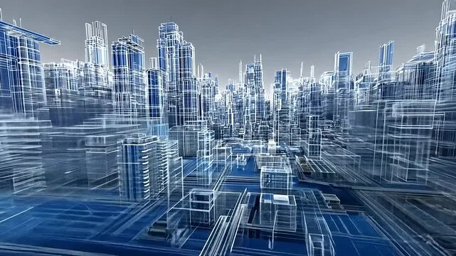Futuristic cityscape with transparent skyscrapers and digital overlays, showcasing urban innovation - Powered by Adobe