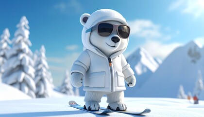 Biały miś polarny w grubej puchowej kurtce