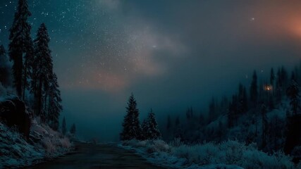 Misty mountain landscape with snow covered trees and road at dusk - Powered by Adobe