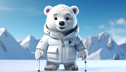 Biały miś polarny w grubej puchowej kurtce