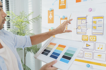 A young designer is working on a UX UI project, analyzing mobile app wireframes and choosing color palettes on a whiteboard. He focuses on brainstorming ideas to improve user experience.