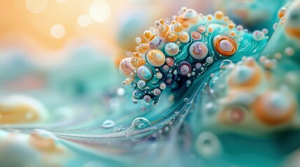 An abstract, microscopic view of colorful, translucent bubbles and droplets forming intricate patterns within flowing, liquid-like structures. Soft, warm bokeh