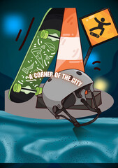 A Corner of the City Skateboard Culture & Urban Leisure Scene Illustration
