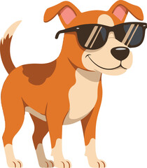 A cool flat vector illustration of a happy brown and white dog wearing black sunglasses, standing with a confident smile 
