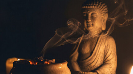 Buddha statue meditating peacefully with incense smoke rising in a dimly lit, spiritual setting