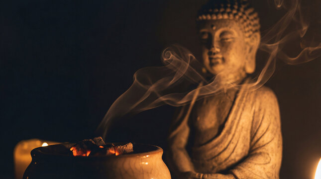 Buddha statue meditating peacefully with incense smoke rising in a dimly lit, spiritual setting - Powered by Adobe