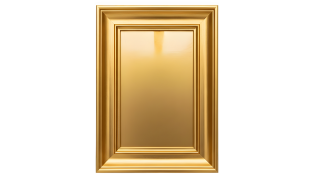Ornate golden rectangular frame with recessed panel isolated on transparent background