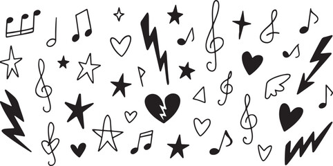 Punk rock music hand drawn doodle background. Marker drawing, fun quirky stickers, tattoo, crayon scribbles design elements black and white background 