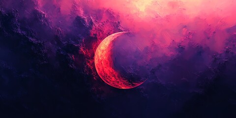 Red Moon Crescent in Vibrant Pink Purple Cloudy Sky Artistic Space Scene