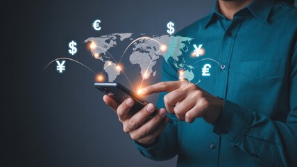 Individual interacts with a digital projection of global currency exchange symbols overlaid on a world map via a mobile device