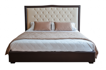 Elegant modern bed with a tufted headboard and plush bedding. set against a clean white background. ideal for interior design inspiration or home decor showcasing