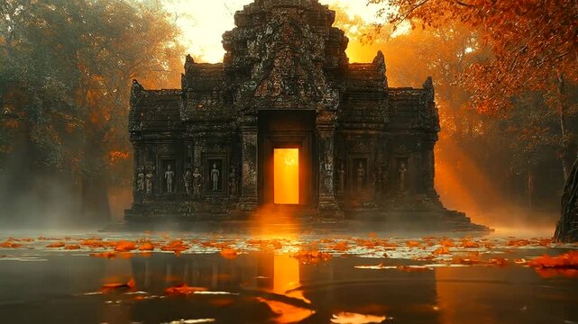 Ancient temple surrounded by autumn leaves at dawn
