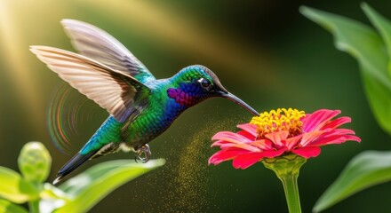 Fototapeta premium Hummingbird feeding on a vibrant pink zinnia flower in sunlight.