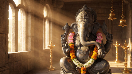 Ancient stone statue of hindu god ganesha adorned with marigold garlands, bathed in divine light within a temple