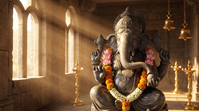Ancient stone statue of hindu god ganesha adorned with marigold garlands, bathed in divine light within a temple - Powered by Adobe