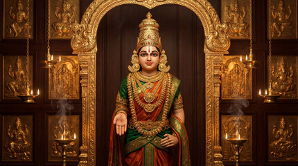 Obraz premium Beautifully adorned hindu goddess statue in a golden temple shrine, radiating divine grace and tradition