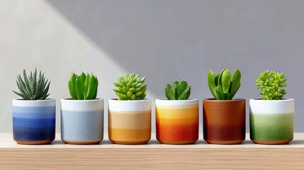 Six small succulents in various colorful ceramic pots are arranged in a row on a wooden shelf. The background is a plain gray wall with soft light casting a sha