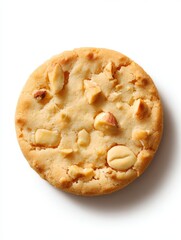 A round cookie with chunks of nuts on its surface