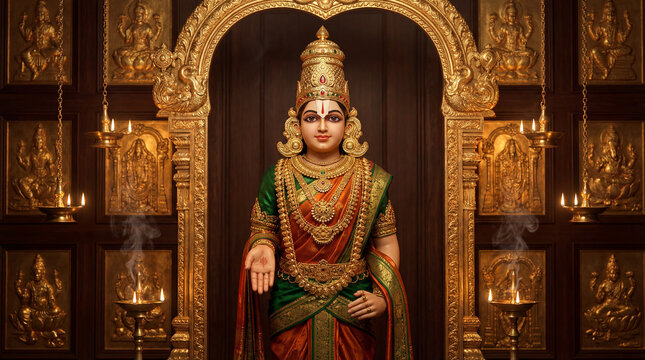 Beautifully adorned hindu goddess statue in a golden temple shrine, radiating divine grace and tradition