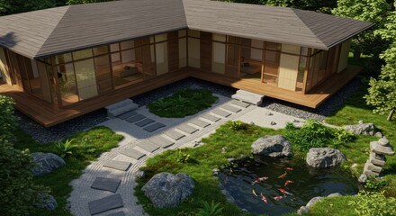 Wooden building complex in garden