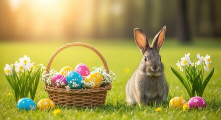 A gray rabbit with colorful Easter eggs in a basket on a grassy field with daffodils and daffodil flowers.