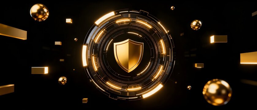 Golden shield in glowing circular interface