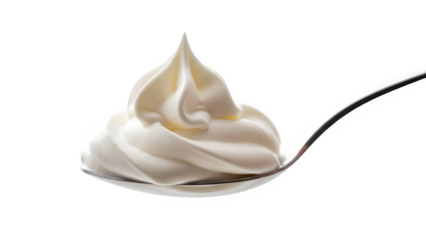 Whipped cream swirl on a spoon isolated on transparent background